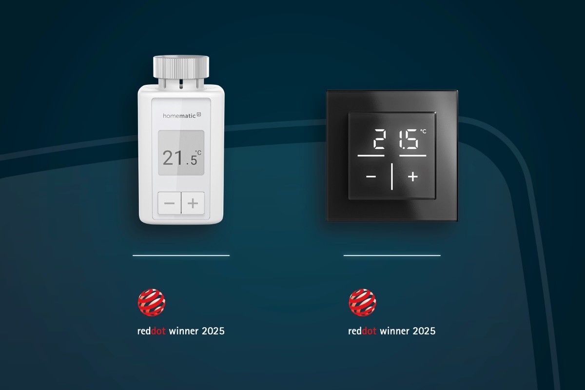 Homematic IP radiator thermostat flex and glass wall thermostat with Red Dot Winner 2025 awards